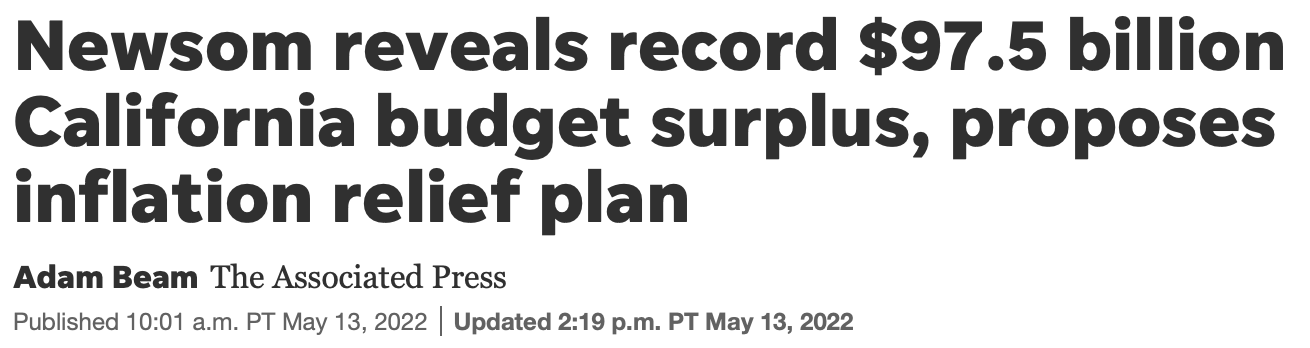 Newsom reveals record $97.5 billion California budget surplus, proposes
inflation relief plan